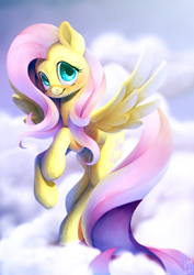 Size: 748x1058 | Tagged: safe, artist:rinsole, imported from derpibooru, fluttershy, pegasus, pony, cloud, cute, female, flying, looking at you, mare, on a cloud, shyabetes, sky, smiling, solo, spread wings, starry eyes, wingding eyes, wings