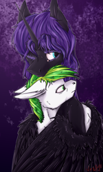 Size: 1200x2000 | Tagged: safe, artist:crysome-somecry, imported from derpibooru, oc, oc only, oc:cognitio dissonantia, oc:white night, alicorn, earth pony, pony, female, hug, male, mare, simple background, stallion, winghug