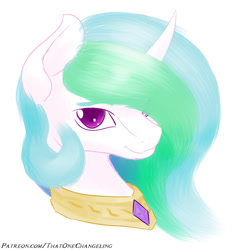 Size: 900x961 | Tagged: safe, artist:thatonechangeling, artist:thatonegib, imported from derpibooru, princess celestia, alicorn, pony, bust, doodle, ethereal mane, female, looking at you, missing accessory, patreon link, portrait, simple background, solo, white background