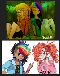 Size: 1106x1411 | Tagged: safe, artist:escafandrista, imported from derpibooru, pinkie pie, rainbow dash, human, clothes, draw this again, eyes closed, female, hair over one eye, humanized, lesbian, pinkiedash, shipping, smiling, tongue out