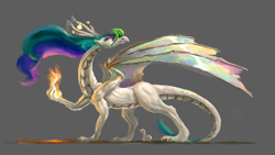 Size: 1440x810 | Tagged: safe, artist:plainoasis, imported from derpibooru, princess celestia, dragon, dragonified, dragonlestia, female, fire, gray background, simple background, size difference, solo, species swap