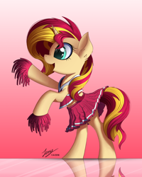 Size: 2000x2500 | Tagged: safe, alternate version, artist:duskie-06, imported from derpibooru, sunset shimmer, pony, unicorn, bipedal, cheerleader, cheerleader outfit, clothes, cute, female, gradient background, hoof hold, mare, midriff, open mouth, pom pom, rearing, reflection, shimmerbetes, signature, skirt, skirt lift, solo, sports bra