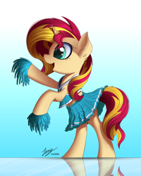 Size: 2000x2500 | Tagged: safe, alternate version, artist:duskie-06, imported from derpibooru, sunset shimmer, pony, unicorn, bipedal, cheerleader, clothes, cute, female, gradient background, mare, midriff, pom pom, reflection, shimmerbetes, skirt, skirt lift, solo