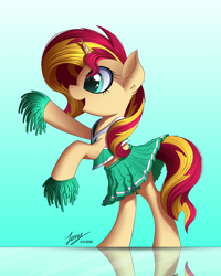 Size: 2000x2500 | Tagged: safe, artist:duskie-06, imported from derpibooru, sunset shimmer, pony, unicorn, bipedal, cheerleader, cheerleader outfit, clothes, cute, female, mare, midriff, open mouth, pom pom, reflection, shimmerbetes, skirt, skirt lift, smiling, solo