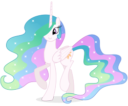 Size: 10423x8665 | Tagged: safe, artist:illumnious, edit, editor:slayerbvc, imported from derpibooru, vector edit, princess celestia, alicorn, pony, absurd resolution, accessory-less edit, barehoof, female, grin, mare, missing accessory, raised hoof, simple background, smiling, solo, transparent background, vector