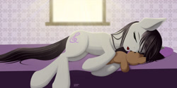 Size: 2400x1200 | Tagged: safe, artist:styroponyworks, imported from derpibooru, octavia melody, earth pony, pony, bed, belly button, drool, female, mare, sleeping, solo, teddy bear