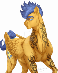 Size: 1024x1280 | Tagged: safe, artist:makkah, artist:rossignolet, imported from derpibooru, flash sentry, pegasus, pony, cutie mark, ear piercing, earring, eye scar, eyebrows, flash hunktry, jewelry, lip piercing, looking at you, male, muscles, piercing, realistic, scar, solo, stallion, tail wrap, tattoo, torn ear, watermark