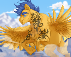 Size: 1024x819 | Tagged: safe, artist:makkah, artist:rossignolet, imported from derpibooru, flash sentry, pegasus, pony, cloud, cutie mark, ear piercing, earring, eyebrows, flash hunktry, flying, jewelry, lip piercing, male, mountain, muscles, piercing, solo, spread wings, stallion, tattoo, torn ear, unshorn fetlocks, watermark, wings