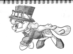 Size: 1254x934 | Tagged: safe, artist:shoeunit, imported from derpibooru, apple bloom, earth pony, pony, a hat in time, clothes, cute, female, filly, grayscale, hat, monochrome, shoes, smiling, solo, suit, top hat, traditional art