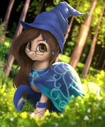 Size: 1200x1450 | Tagged: dead source, safe, artist:makkah, artist:rossignolet, imported from derpibooru, oc, oc only, oc:wizdiana, earth pony, pony, cape, clothes, female, forest, glasses, hat, jewelry, looking at you, mare, necklace, scenery, solo, stockings, thigh highs, walking, wizard hat, wristband