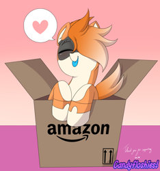 Size: 1786x1907 | Tagged: safe, artist:kei kun, artist:opossum_imoto, imported from derpibooru, oc, oc only, oc:kiva, pony, robot, robot pony, :p, amazon box, amazon.com, cute, female, happy, heart, pictogram, silly, solo, tongue out