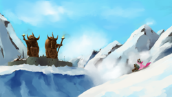 Size: 1920x1080 | Tagged: safe, artist:phiktorial, imported from derpibooru, pinkie pie, earth pony, pony, yak, calf, cloud, cutie mark, duo, female, helmet, honorary yak horns, horned helmet, mare, mountain, scenery, sky, sled, snow, statue, torch, viking helmet, yak calf, yaket range, yakyakistan