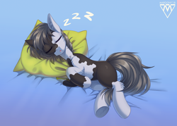 Size: 1200x857 | Tagged: safe, artist:margony, imported from derpibooru, oc, oc only, pony, coat markings, pillow, pinto, sleeping, underhoof, zzz