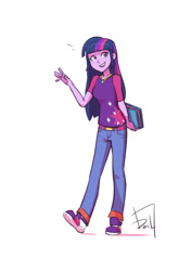 Size: 1024x1448 | Tagged: safe, artist:jurill, imported from derpibooru, twilight sparkle, equestria girls, alternate clothes, alternate costumes, beautiful, book, clothes, female, pants, purple, shirt, shoes, simple background, smiling, sneakers, solo, white background