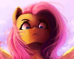 Size: 2500x2000 | Tagged: dead source, safe, artist:miokomata, imported from derpibooru, fluttershy, bat pony, pegasus, pony, angry, cloud, fangs, female, freckles, frown, intimidating, looking at you, mare, solo, stare, this will end in pain