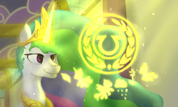 Size: 2500x1500 | Tagged: safe, artist:my-little-poni, imported from derpibooru, princess celestia, alicorn, pony, school daze, bust, crown, eea seal, female, glowing horn, hologram, jewelry, magic, mare, regalia, scene interpretation, solo