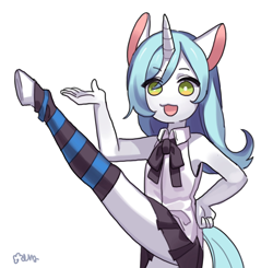 Size: 2000x1956 | Tagged: safe, artist:rd_3024, imported from derpibooru, oc, oc only, anthro, unguligrade anthro, unicorn, :3, clothes, cute, female, flexible, looking at you, mare, moe, pleated skirt, shirt, simple background, skirt, skirt lift, socks, striped socks, thigh highs, white background