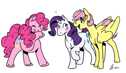 Size: 1749x1020 | Tagged: safe, artist:rwl, imported from derpibooru, fluttershy, pinkie pie, rarity, alternate hairstyle, blushing, female, flaripie, flarity, flutterpie, heart, laughing, lesbian, ot3, pinkie pie gets all the mares, polyamory, raripie, shipping, short mane