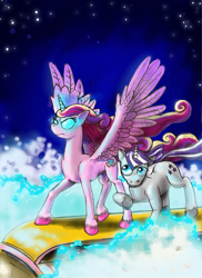 Size: 600x822 | Tagged: safe, artist:capt_hairball, imported from derpibooru, princess cadance, twilight velvet, avalanche, colored hooves, cover art, eye glow, magic, snow, spread wings, stars, train, unshorn fetlocks, wings