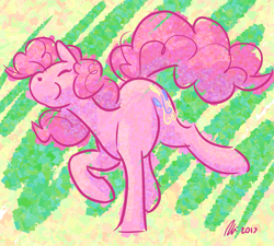 Size: 1397x1258 | Tagged: safe, artist:rwl, imported from derpibooru, pinkie pie, pony, abstract background, dancing, female, smiling, solo