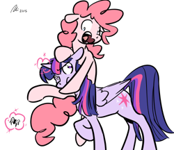 Size: 500x432 | Tagged: safe, artist:rwl, imported from derpibooru, pinkie pie, twilight sparkle, alicorn, earth pony, pony, spider, arachnophobia, fear, female, lesbian, magic, mare, scared, shipping, twilight sparkle (alicorn), twinkie