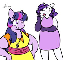 Size: 500x479 | Tagged: safe, artist:rwl, imported from derpibooru, rarity, twilight sparkle, anthro, accessories, accessory, alternate hairstyle, clothes, crime against fashion, female, gloves, implied sweetie belle, lesbian, one eye closed, rarilight, sash, shipping, shocked expression