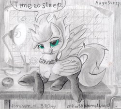 Size: 2353x2126 | Tagged: safe, artist:magnifsunspiration, imported from derpibooru, oc, oc only, oc:hizi, pegasus, pony, clothes, female, high res, lamp, mare, monochrome, neo noir, partial color, pencil, socks, solo, traditional art