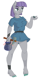 Size: 1024x1994 | Tagged: safe, artist:wangkingfun, imported from derpibooru, boulder (pet), maud pie, anthro, earth pony, plantigrade anthro, barefoot, boulder (g4), feet, female, pickaxe, pouch, simple background, transparent background, tunic