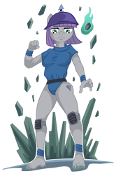 Size: 1024x1545 | Tagged: safe, artist:wangkingfun, imported from derpibooru, maud pie, anthro, earth pony, plantigrade anthro, barefoot, earth bending, feet, frown, glare, helmet, knee pads, looking at you, pickelhaube, simple background, transparent background, tunic