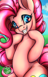 Size: 800x1280 | Tagged: safe, artist:foldeath, artist:rainbowsaliva, imported from derpibooru, pinkie pie, earth pony, pony, cloud, collaboration, female, grass field, heart eyes, sky, smiling, solo, summer, teeth, wingding eyes