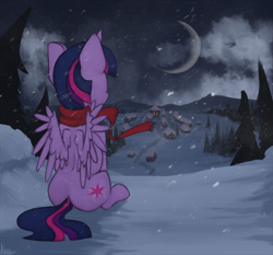 Size: 1953x1822 | Tagged: safe, artist:marsminer, imported from derpibooru, twilight sparkle, alicorn, pony, clothes, crescent moon, dark, female, mare, moon, night, rear view, scarf, scenery, sitting, snow, solo, transparent moon, twilight sparkle (alicorn), village, wind, winter