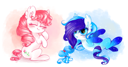 Size: 8315x4382 | Tagged: safe, artist:pinkablue, imported from derpibooru, desert rose, silver rain, earth pony, pony, absurd resolution, blushing, cute, diaraines, diaroses, duo, ear fluff, eyes closed, female, g3, gradient hooves, hnnng, mare, on back, scrunchie, sitting, smiling, starry eyes, wingding eyes