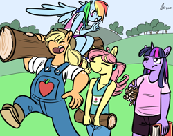 Size: 1250x985 | Tagged: safe, artist:rwl, imported from derpibooru, applejack, fluttershy, rainbow dash, twilight sparkle, anthro, earth pony, pegasus, unicorn, alternate hairstyle, book, dungarees, eyes closed, freckles, lifting, log, overalls, shhh, stick, stronk, super strength, sweet apple acres, twilight is not amused, twilight sparkle is not amused, unamused, unicorn twilight