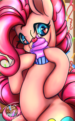 Size: 800x1280 | Tagged: safe, artist:foldeath, artist:rainbowsaliva, imported from derpibooru, pinkie pie, earth pony, pony, cherry, collaboration, confetti, cupcake, female, food, heart eyes, solo, sugarcube corner