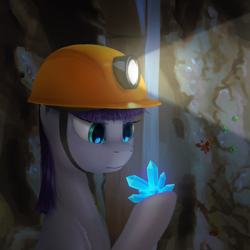 Size: 2048x2048 | Tagged: safe, artist:quvr, imported from derpibooru, maud pie, earth pony, pony, crystal, eye reflection, female, gem, headlamp, helmet, mining helmet, reflection, solo