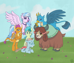 Size: 4700x4000 | Tagged: safe, artist:glitterstar2000, imported from derpibooru, gallus, ocellus, sandbar, silverstream, smolder, yona, changedling, changeling, classical hippogriff, dragon, earth pony, griffon, hippogriff, pony, yak, school daze, alternate mane six, female, looking at you, male, mane six opening poses, monkey swings, stallion, student six