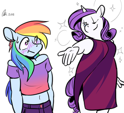 Size: 1200x1100 | Tagged: safe, artist:rwl, imported from derpibooru, rainbow dash, rarity, anthro, bare shoulders, belly button, bingo wings, blushing, chubby, clothes, dress, ear piercing, earring, female, jeans, jewelry, lesbian, midriff, one eye closed, pants, piercing, raridash, shipping, sparkles, sweat, sweatdrop