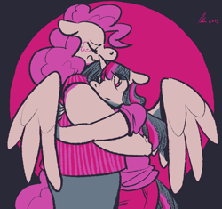 Size: 1200x1129 | Tagged: safe, artist:rwl, imported from derpibooru, pinkie pie, twilight sparkle, alicorn, anthro, chubby, crying, female, hug, lesbian, limited palette, sad, shipping, size difference, twilight sparkle (alicorn), twinkie, winghug