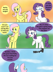 Size: 1000x1374 | Tagged: safe, artist:emilou1985, imported from derpibooru, fluttershy, rarity, pegasus, pony, unicorn, comic:signs, carriage, comic, floppy ears, looking up, pointing, pregnant, sweat