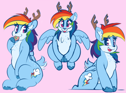 Size: 1750x1297 | Tagged: safe, artist:graphene, imported from derpibooru, rainbow dash, deer, deer pony, original species, peryton, antlers, cookie, cute, dashabetes, deerified, female, fluffy, food, looking at you, rainbow deer, reindeer dash, smiling, solo, species swap, wings