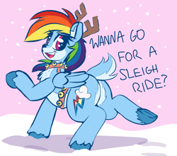 Size: 1774x1561 | Tagged: safe, artist:graphene, imported from derpibooru, rainbow dash, deer, deer pony, original species, peryton, antlers, bells, butt, cute, dashabetes, deerified, female, looking at you, plot, rainbow deer, reindeer dash, smiling, snow, solo, species swap, text