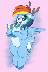 Size: 1345x2001 | Tagged: safe, artist:graphene, imported from derpibooru, rainbow dash, deer, deer pony, original species, peryton, chubby, clothes, cute, dashabetes, deerified, female, fluffy, looking at you, one eye closed, reindeer dash, scarf, smiling, solo, species swap, wings, wink