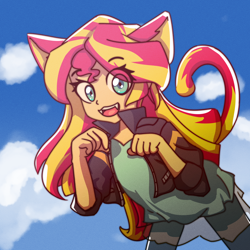 Size: 2000x2000 | Tagged: safe, artist:rockset, imported from derpibooru, sunset shimmer, cat, human, equestria girls, cat ears, cat tail, catgirl, clothes, cute, cute little fangs, eared humanization, fangs, female, high res, humanized, jacket, jeans, kemonomimi, looking at you, neko, nekomimi, nyanset shimmer, pants, pawing, shimmerbetes, sky, smiling, solo, tail, tailed humanization, toothy grin