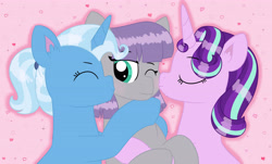 Size: 4975x3011 | Tagged: safe, artist:queenderpyturtle, imported from derpibooru, maud pie, starlight glimmer, trixie, earth pony, pony, unicorn, ear fluff, eyes closed, female, heart, lesbian, mare, mauxie, ot3, polyamory, ponytail, shipping, starmaud, starmauxie