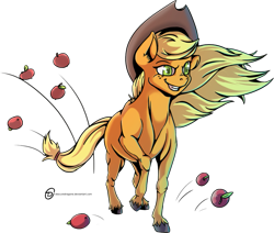 Size: 1195x1011 | Tagged: safe, artist:obscuredragone, imported from derpibooru, applejack, earth pony, pony, apple, female, food, grin, hat, mane, mare, raised hoof, realistic horse legs, simple background, smiling, solo, transparent background, wind, windswept mane