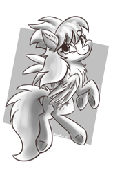 Size: 2893x4092 | Tagged: safe, artist:meowmavi, imported from derpibooru, cloudchaser, pegasus, pony, abstract background, chest fluff, ear fluff, female, flying, grayscale, looking at you, mare, monochrome, smiling, solo, spread wings, underhoof, wings