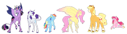 Size: 5900x1600 | Tagged: safe, artist:moonrisedawn, artist:that-softscorpio, imported from derpibooru, applejack, fluttershy, pinkie pie, rainbow dash, rarity, twilight sparkle, alicorn, pony, colored hooves, colored wings, colored wingtips, diverse body types, facial hair, glasses, goatee, mane six, simple background, size difference, transparent background, twilight sparkle (alicorn), two toned wings