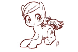 Size: 1200x800 | Tagged: safe, artist:yanamosuda, imported from derpibooru, earth pony, pony, blushing, cute, female, filly, monochrome, simple background, smiling, solo