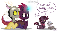 Size: 697x359 | Tagged: safe, artist:sohoneyle, imported from derpibooru, discord, tempest shadow, oc, oc:vortex shadow, hybrid, my little pony: the movie, baby, broken horn, family, female, interspecies offspring, leonine tail, male, offspring, parent:discord, parent:tempest shadow, parents:tempestcord, shipping, simple background, straight, tempestcord, transparent background, vulgar