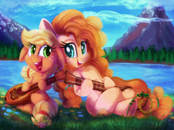 Size: 2000x1500 | Tagged: safe, artist:discorded, imported from derpibooru, applejack, pear butter, earth pony, pony, cloud, cute, duo, female, filly, freckles, grass, guitar, jackabetes, lake, mare, mother and daughter, mountain, pearabetes, singing, sky, smiling, water